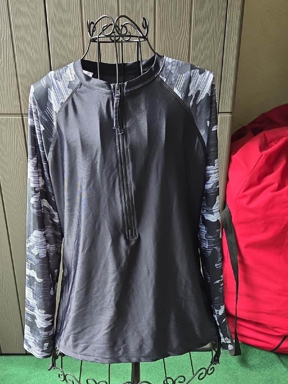 Womens  Black Long-Sleeve Swim Top with Patterned Sleeves